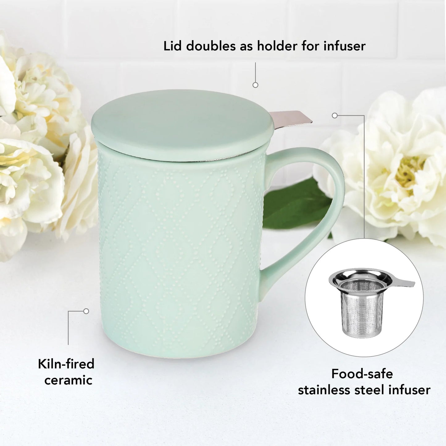 Annette Ceramic Tea Mug and Infuser ~ Souk Mint