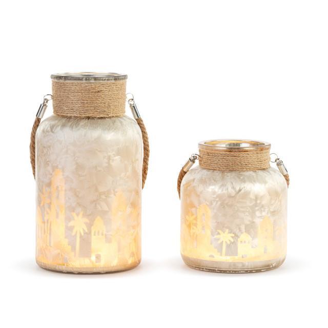 Lit Cityscape Nativity Glass Jars