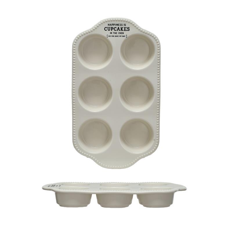 STONEWARE MUFFIN PAN WITH HOBNAIL EDGE AND WAX SAYING ~ HAPPINESS IS CUPCAKES