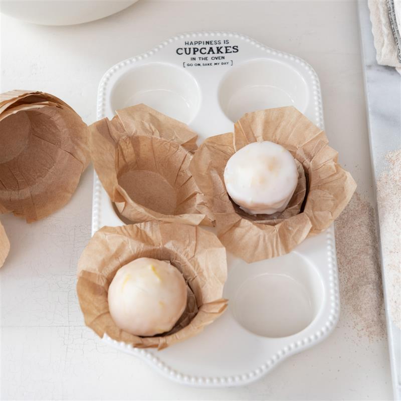 STONEWARE MUFFIN PAN WITH HOBNAIL EDGE AND WAX SAYING ~ HAPPINESS IS CUPCAKES