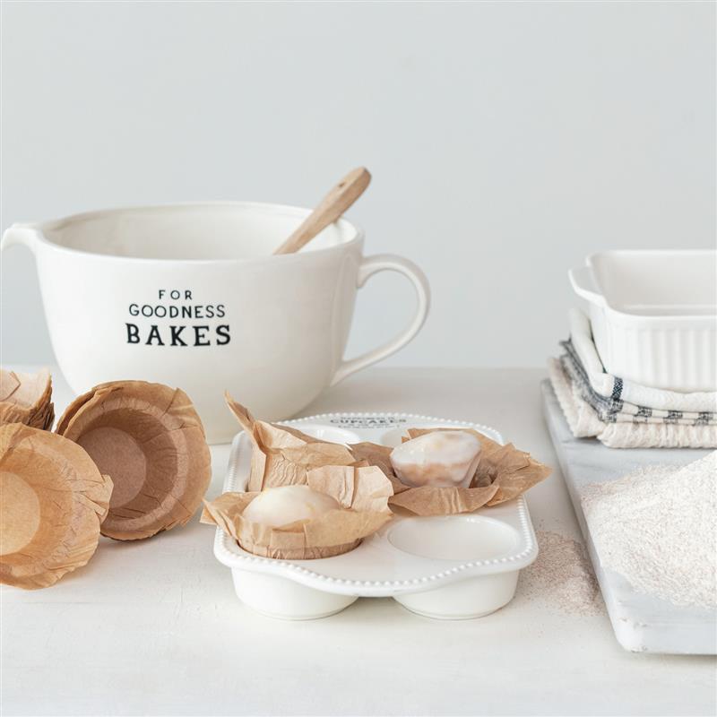 STONEWARE MUFFIN PAN WITH HOBNAIL EDGE AND WAX SAYING ~ HAPPINESS IS CUPCAKES