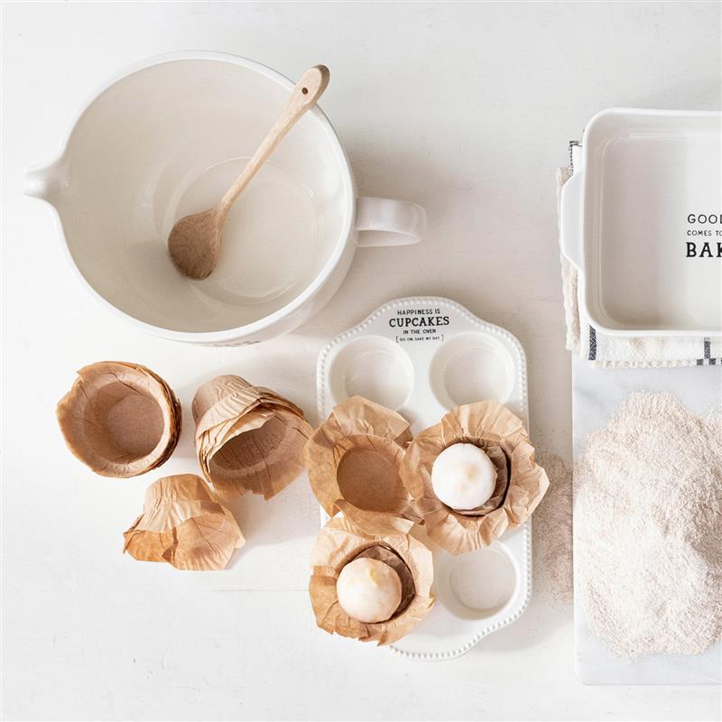 STONEWARE MUFFIN PAN WITH HOBNAIL EDGE AND WAX SAYING ~ HAPPINESS IS CUPCAKES