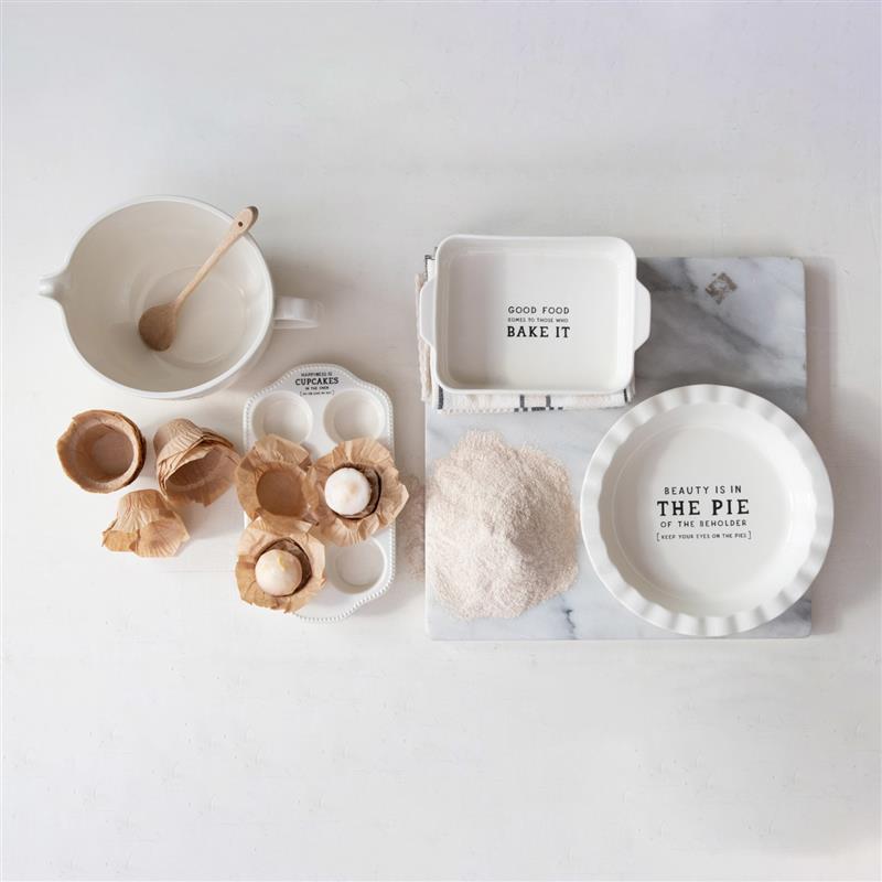 STONEWARE MUFFIN PAN WITH HOBNAIL EDGE AND WAX SAYING ~ HAPPINESS IS CUPCAKES