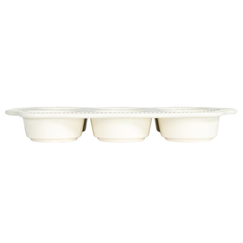 STONEWARE MUFFIN PAN WITH HOBNAIL EDGE AND WAX SAYING ~ HAPPINESS IS CUPCAKES