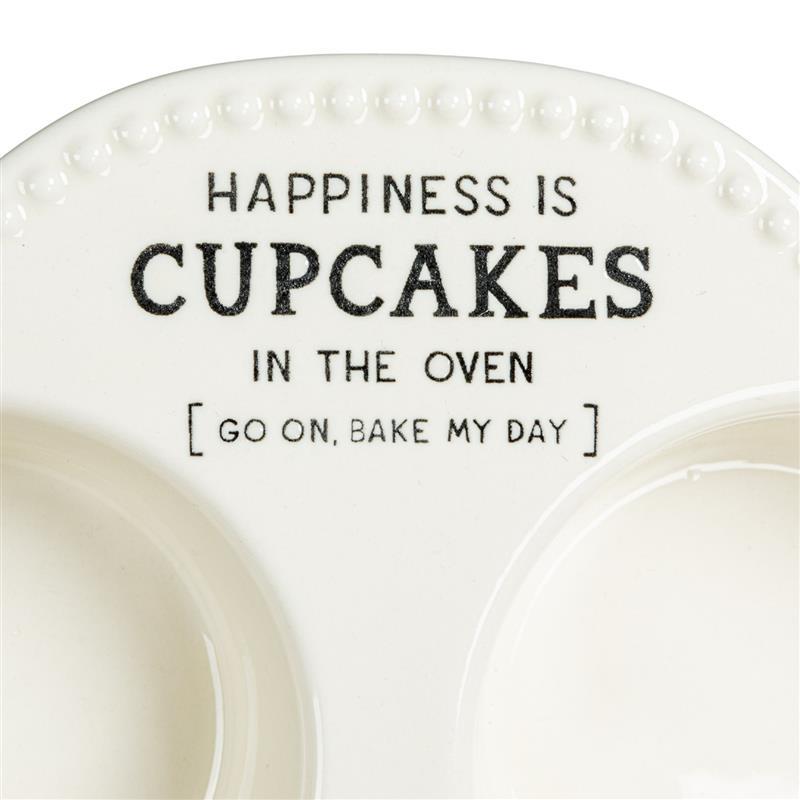 STONEWARE MUFFIN PAN WITH HOBNAIL EDGE AND WAX SAYING ~ HAPPINESS IS CUPCAKES