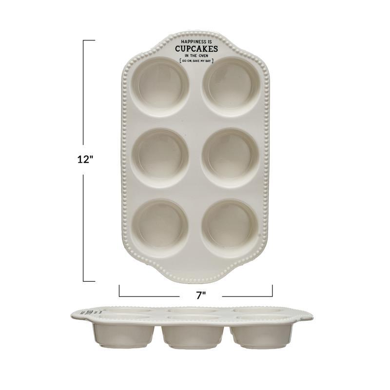 STONEWARE MUFFIN PAN WITH HOBNAIL EDGE AND WAX SAYING ~ HAPPINESS IS CUPCAKES