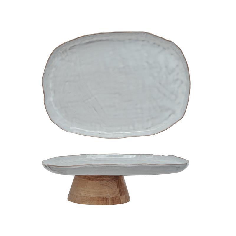 STONEWARE FOOTED PEDESTAL WITH ACACIA WOOD BASE ~ EACH WILL VARY ON COLOR
