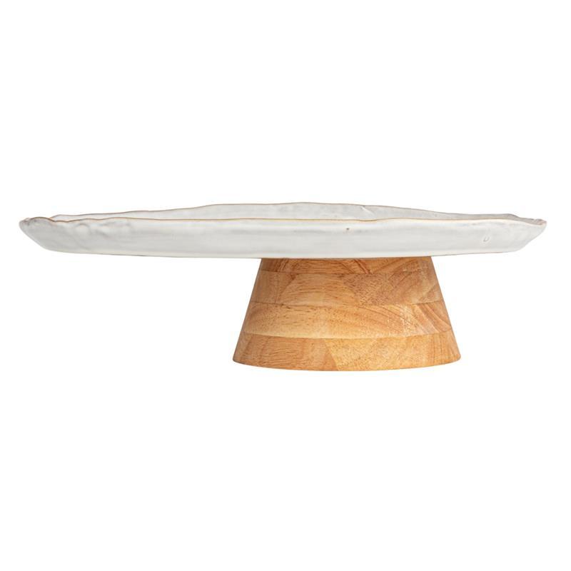 STONEWARE FOOTED PEDESTAL WITH ACACIA WOOD BASE ~ EACH WILL VARY ON COLOR