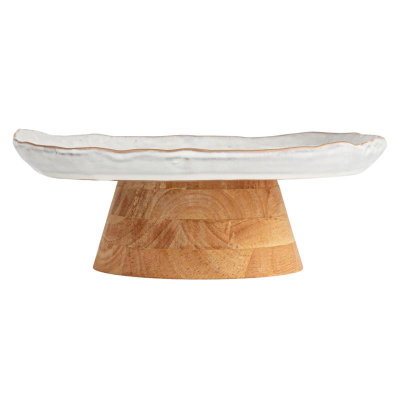STONEWARE FOOTED PEDESTAL WITH ACACIA WOOD BASE ~ EACH WILL VARY ON COLOR