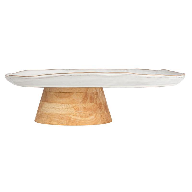 STONEWARE FOOTED PEDESTAL WITH ACACIA WOOD BASE ~ EACH WILL VARY ON COLOR