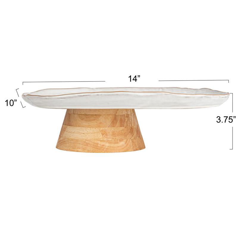 STONEWARE FOOTED PEDESTAL WITH ACACIA WOOD BASE ~ EACH WILL VARY ON COLOR