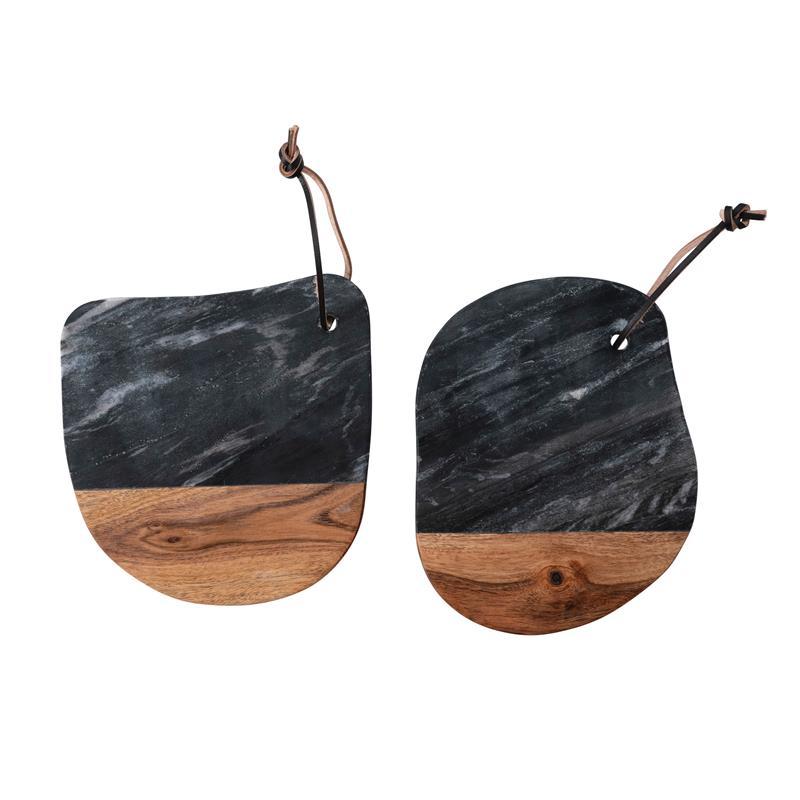 MARBLE AND ACACIA WOOD CHEESE/CUTTING BOARD WITH LEATHER TIE ~ SHAPE O