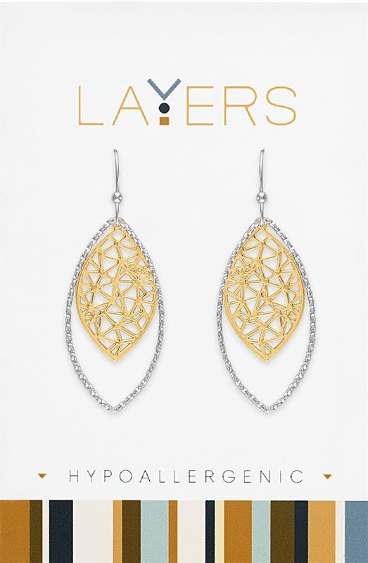 Silver TwoToned Ribbed Geometric Leaf Dangle Layers Earrings