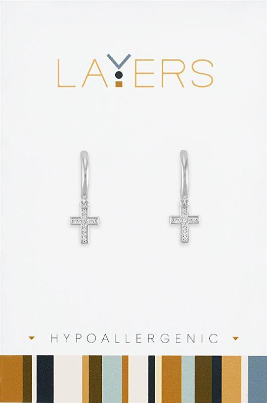 Silver CZ Cross Huggie Layers Earrings