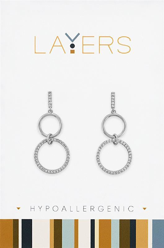 Silver Double Circle with CZs Stud Layers Earrings