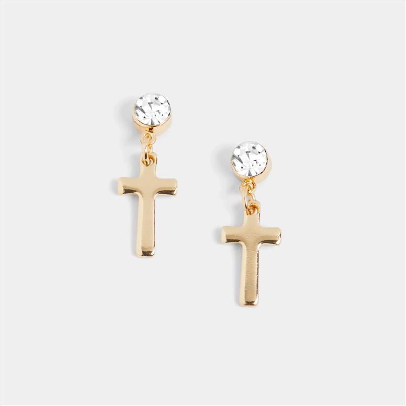 Clear Stone Cross Dangle Earrings ~ Gold