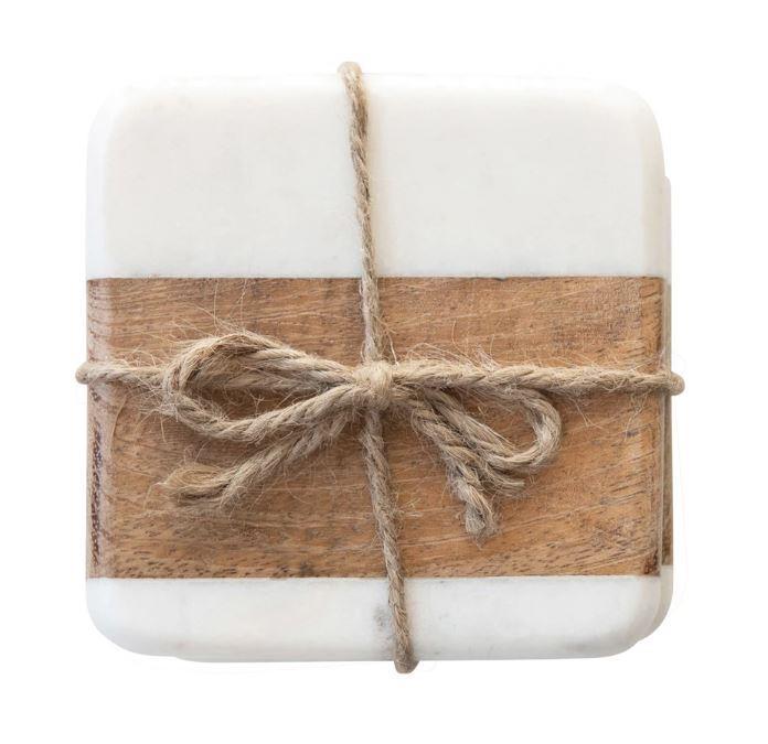 Marble & Acacia Wood Coasters ~ Set of 4