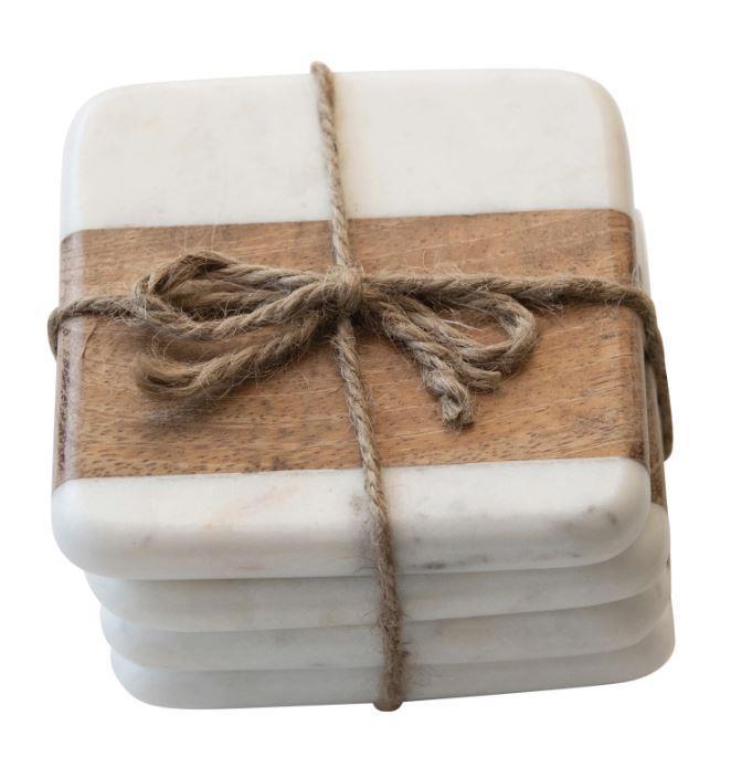 Marble & Acacia Wood Coasters ~ Set of 4