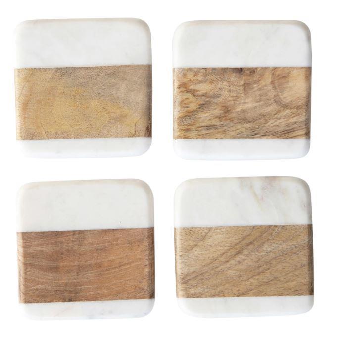 Marble & Acacia Wood Coasters ~ Set of 4