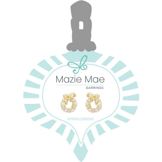 Mazie Mae Holiday Earring ~ Gold, Pearl & CZ Wreath Stud