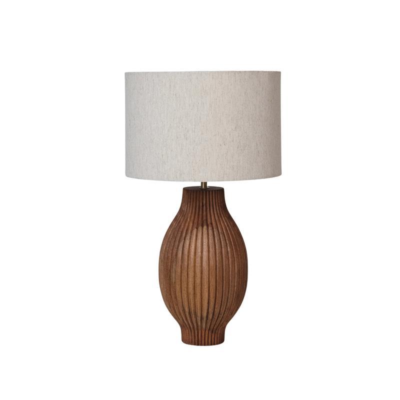 Mango Wood Table Lamp with Carved Lines & Cotton Shade