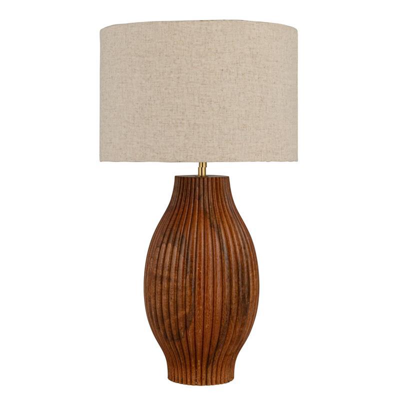 Mango Wood Table Lamp with Carved Lines & Cotton Shade