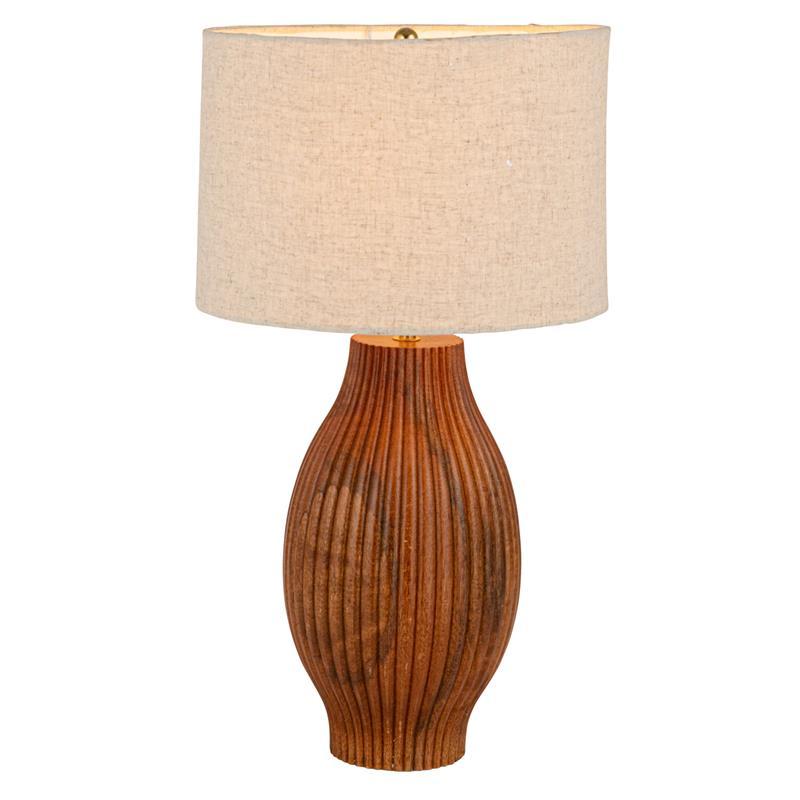 Mango Wood Table Lamp with Carved Lines & Cotton Shade