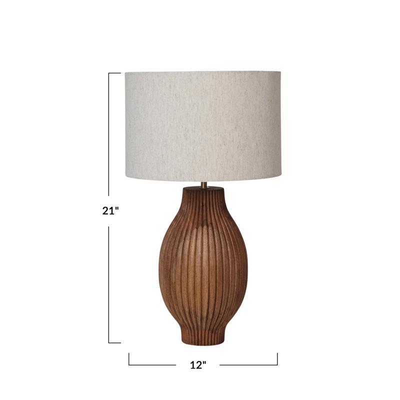 Mango Wood Table Lamp with Carved Lines & Cotton Shade