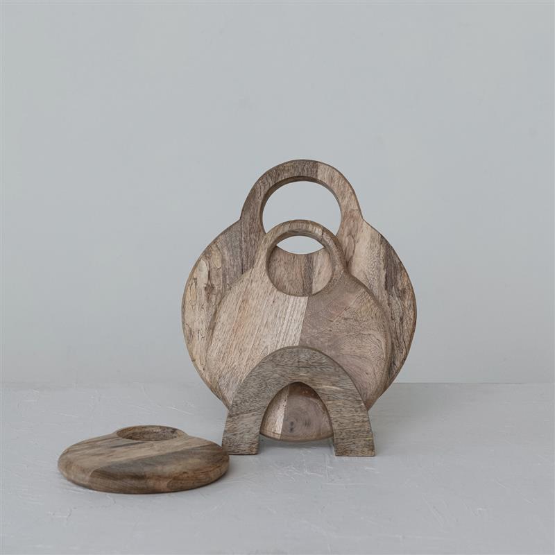 MANGO WOOD CHEESE/CUTTING BOARDS WITH HANDLES AND STAND