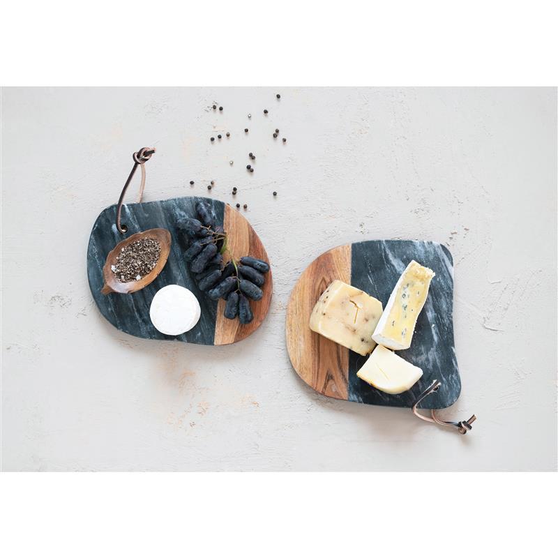 MARBLE AND ACACIA WOOD CHEESE/CUTTING BOARD WITH LEATHER TIE ~ SHAPE O