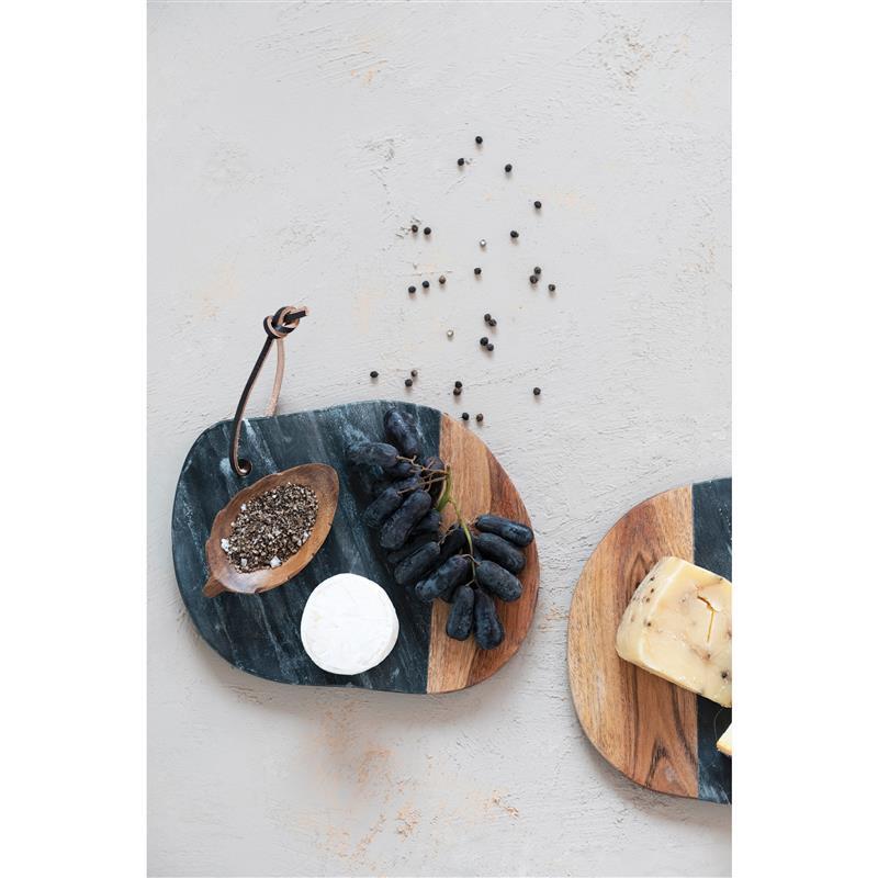 MARBLE AND ACACIA WOOD CHEESE/CUTTING BOARD WITH LEATHER TIE ~ SHAPE O