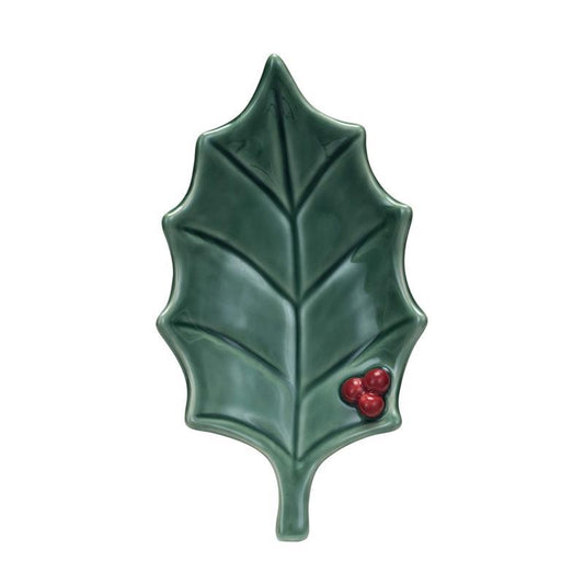 STONEARE HOLLY LEAF SHAPED DISH REACTIVE GLAZE ~ GREEN AND RED