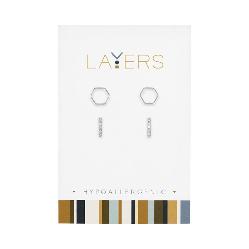 Siver Hexagon & CZ Bar Duo Pair Stud Layers Earrings