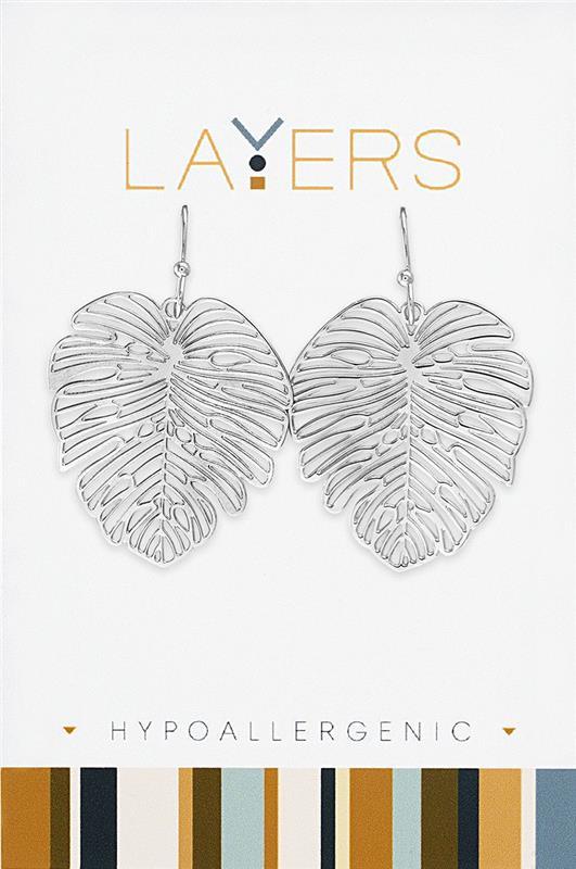 Silver Palm Leaf Dangle Layers Earrings