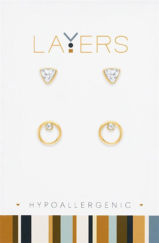 Gold Triangle CZ & Open Circle CZ Pair Duo Stud Layers Earrings