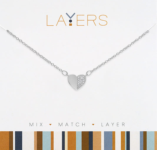 SILVER HALF CZ HEART LAYERS NECKLACE